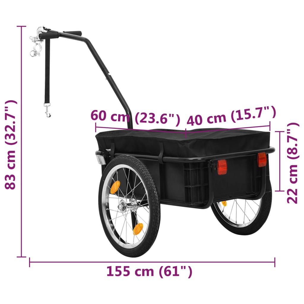 Remorque de vélo/chariot à main 155x60x83 cm Acier Noir