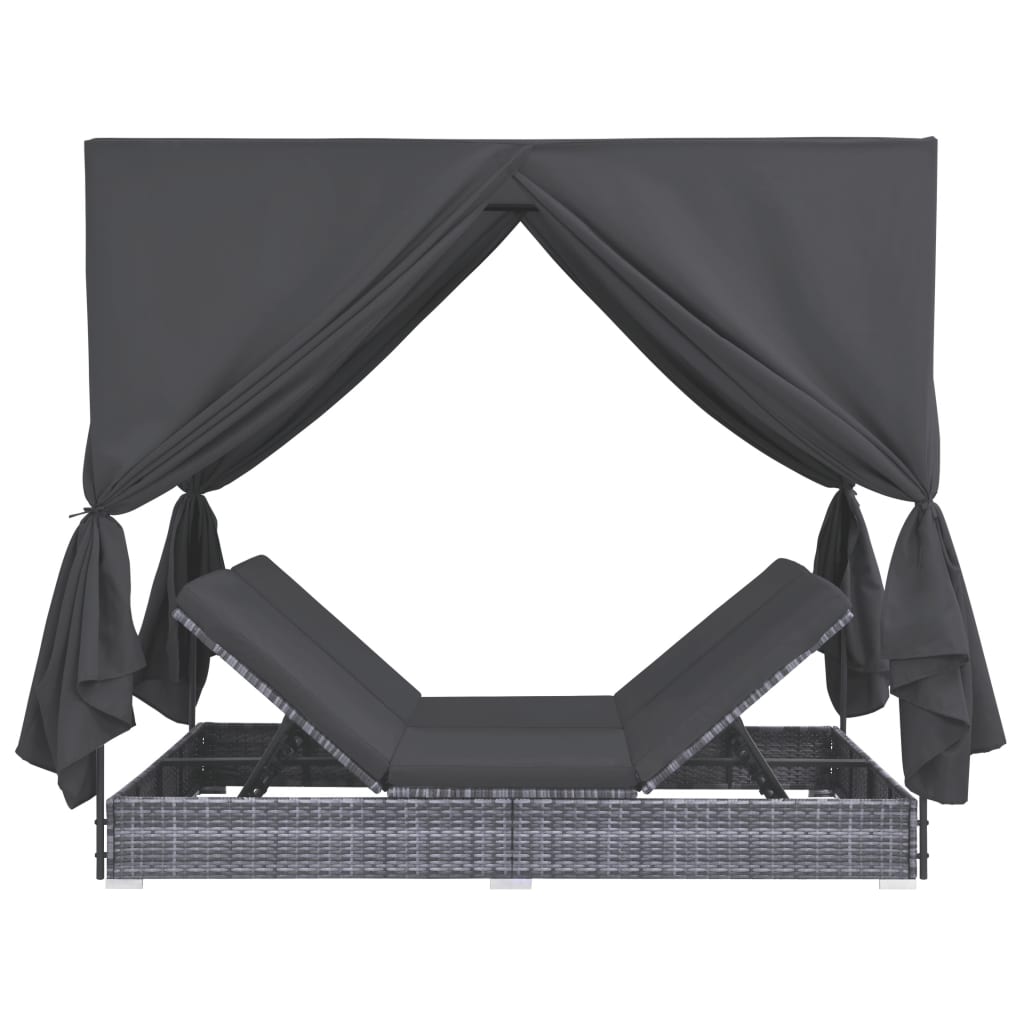 Chaise longue d'extérieur avec rideaux Résine tressée Gris