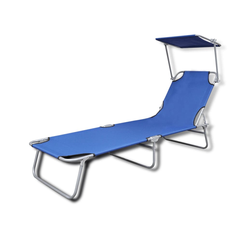 Chaise longue pliable avec auvent Acier et tissu Bleu
