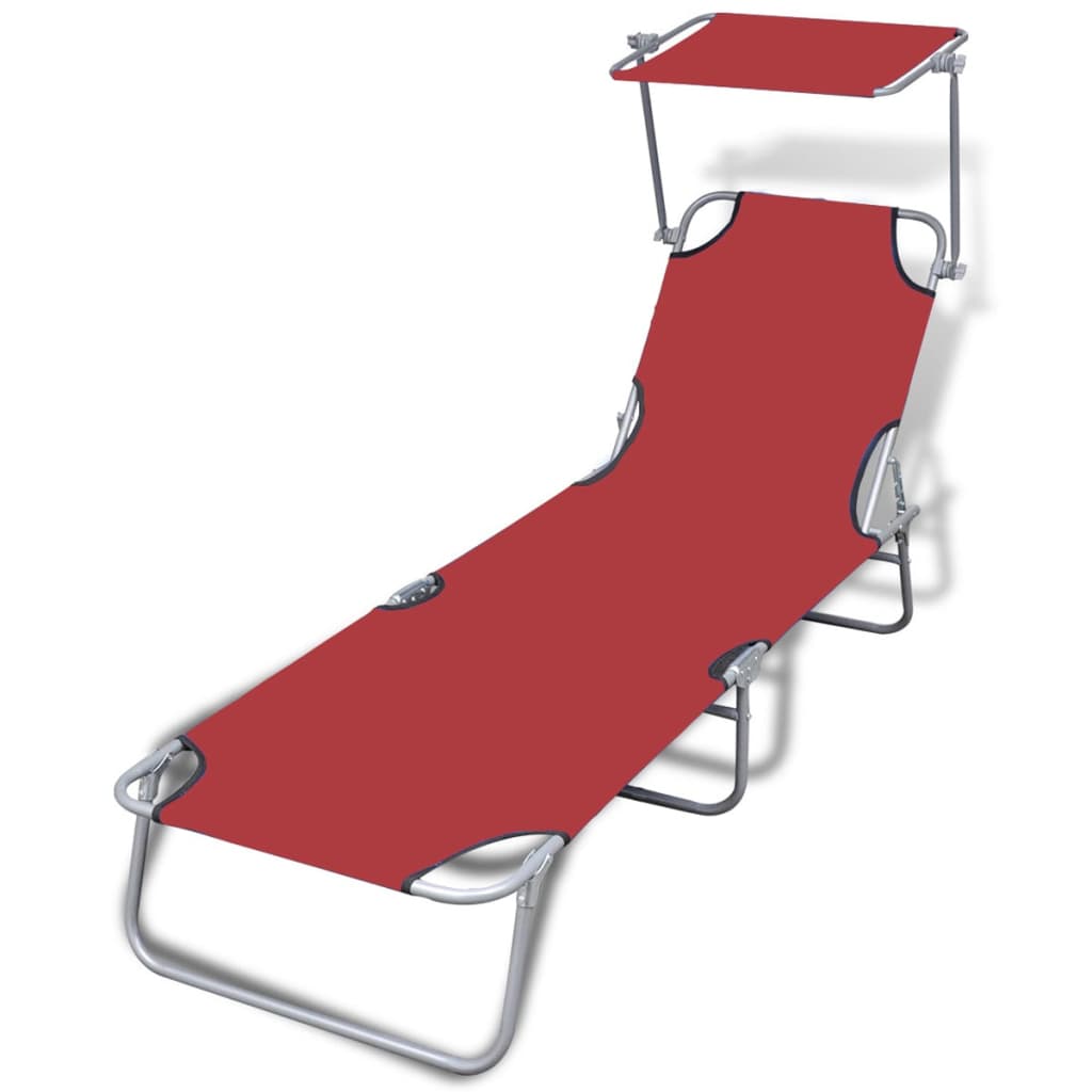 Chaise longue pliable avec auvent Acier et tissu Rouge