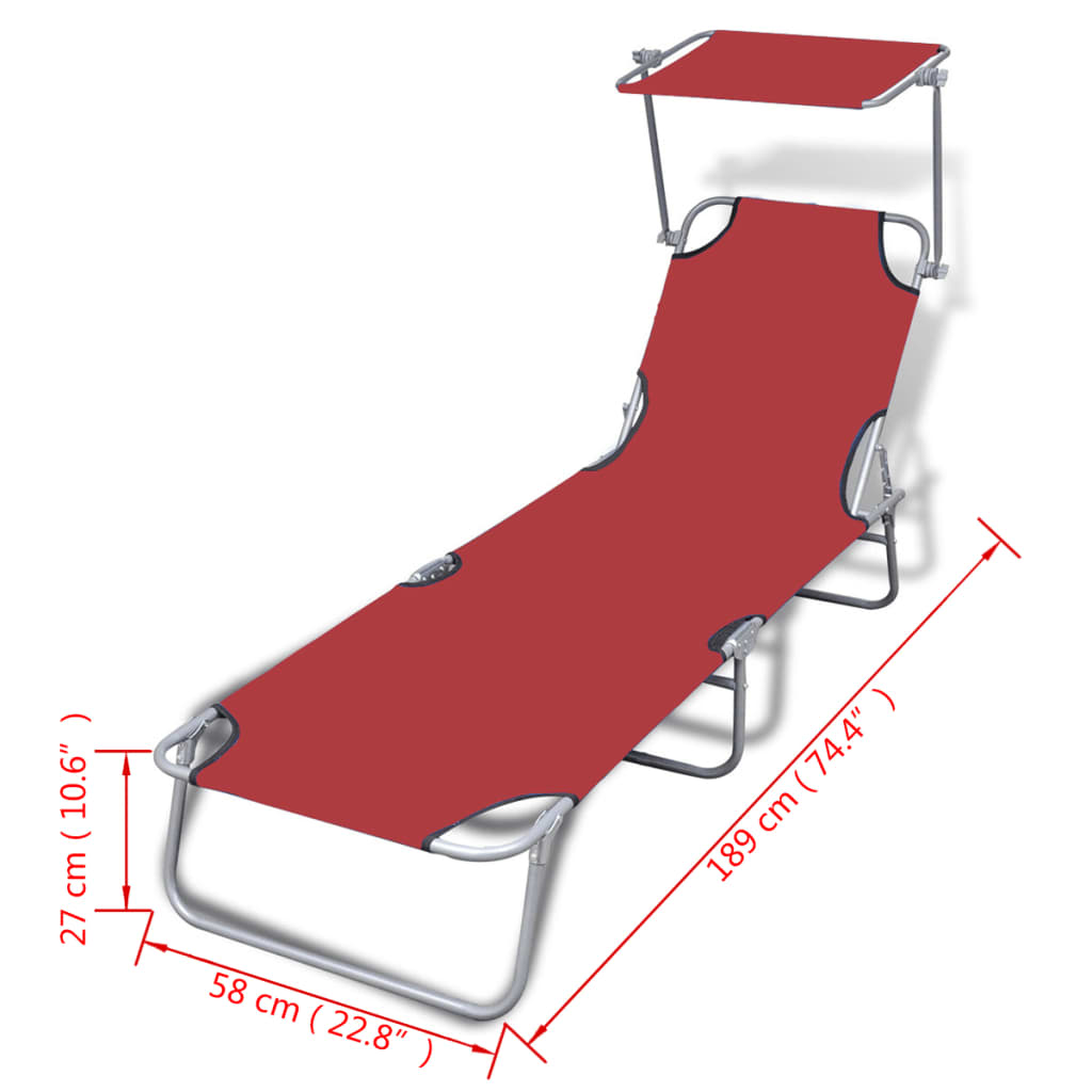 Chaise longue pliable avec auvent Acier et tissu Rouge