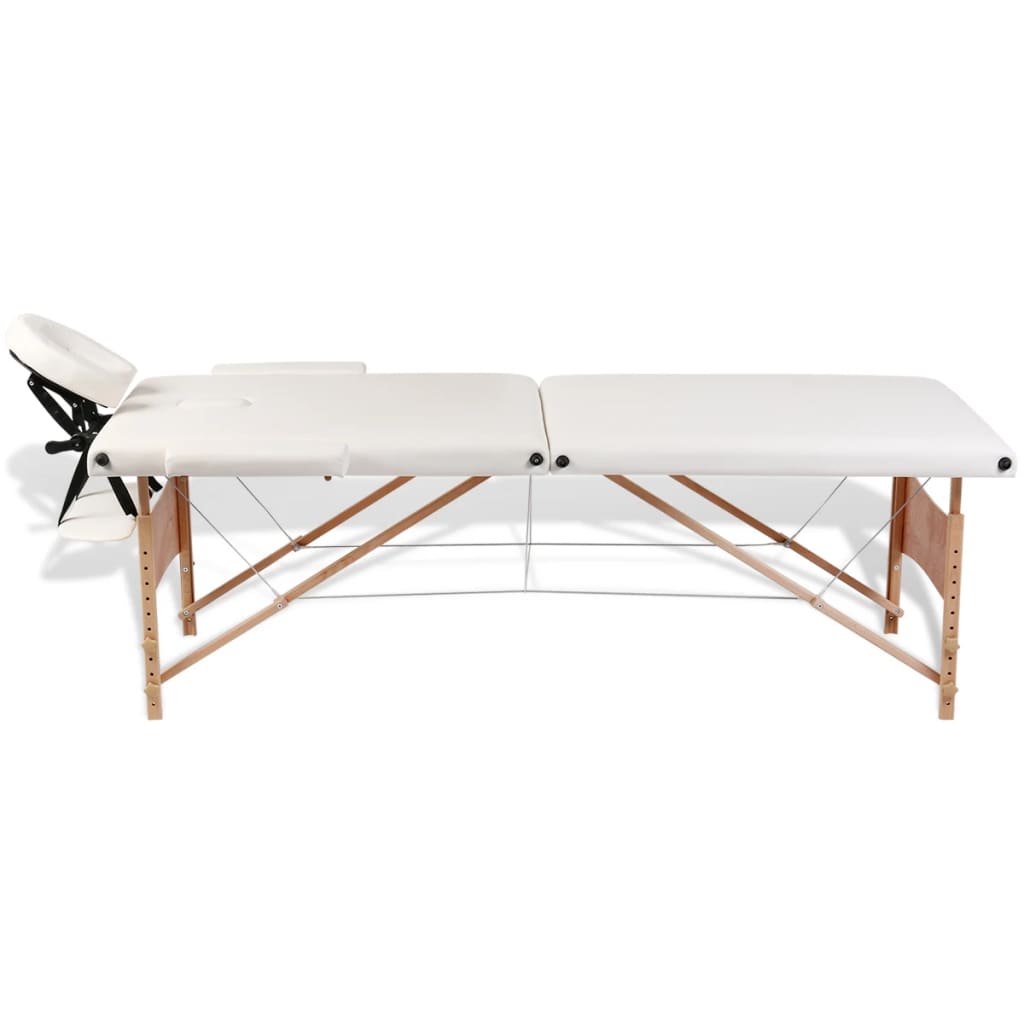 Table de massage pliable Blanc crème 2 zones avec cadre en bois