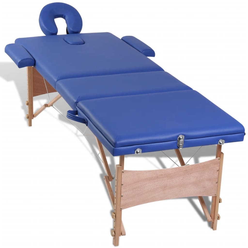 Table pliable de massage Bleu 3 zones avec cadre en bois