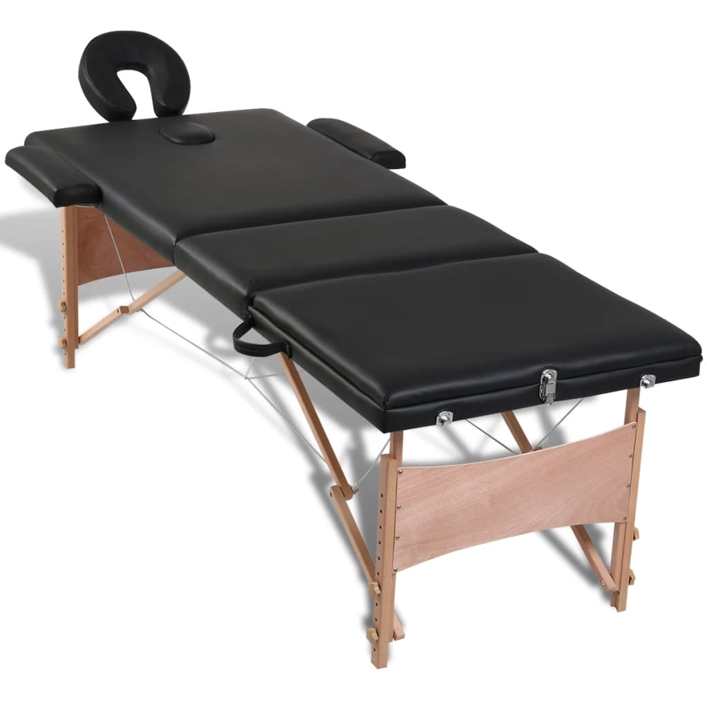 Table de massage pliable Noir 3 zones avec cadre en bois