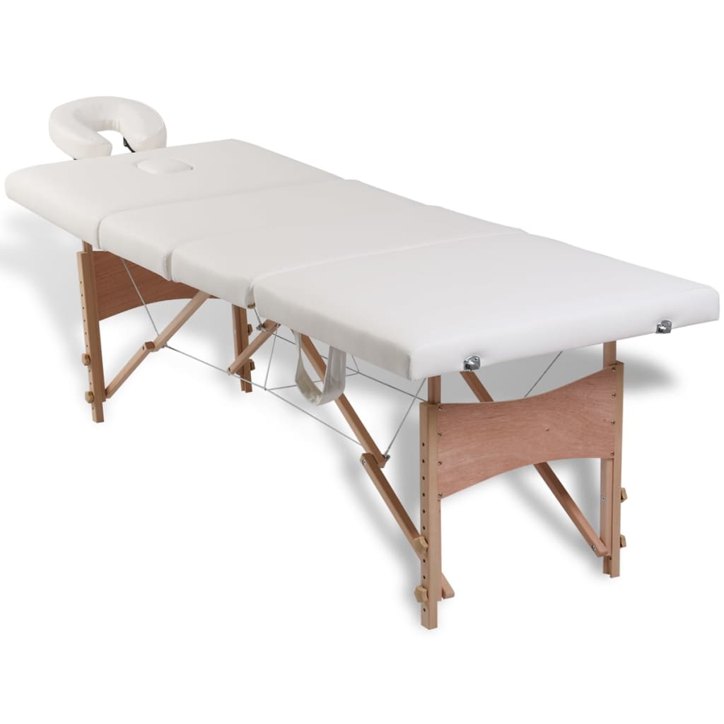 Table de massage pliable Blanc crème 4 zones avec cadre en bois