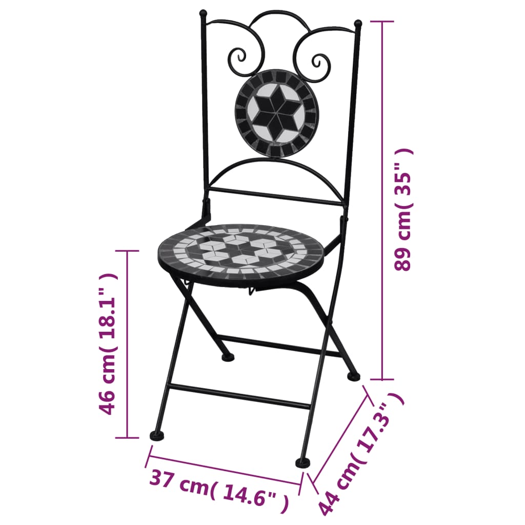 Chaises pliables de bistro 2 pcs Céramique Noir et blanc