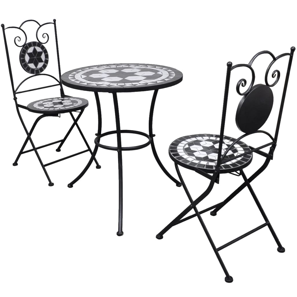 Mobilier de bistro 3 pcs carreaux céramiques noir et blanc