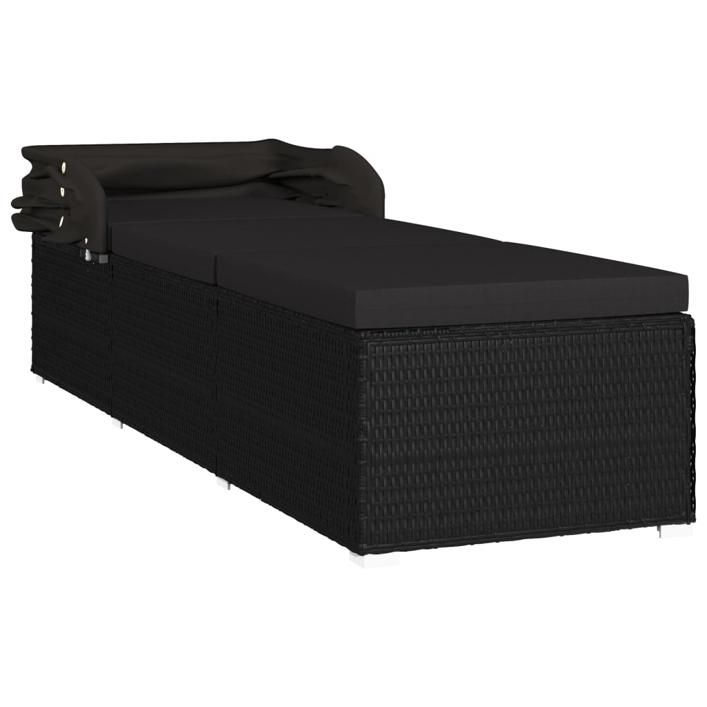 Chaise longue avec auvent et coussin Résine tressée Noir