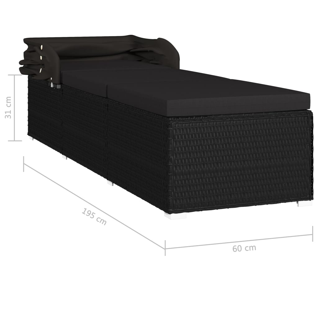Chaise longue avec auvent et coussin Résine tressée Noir