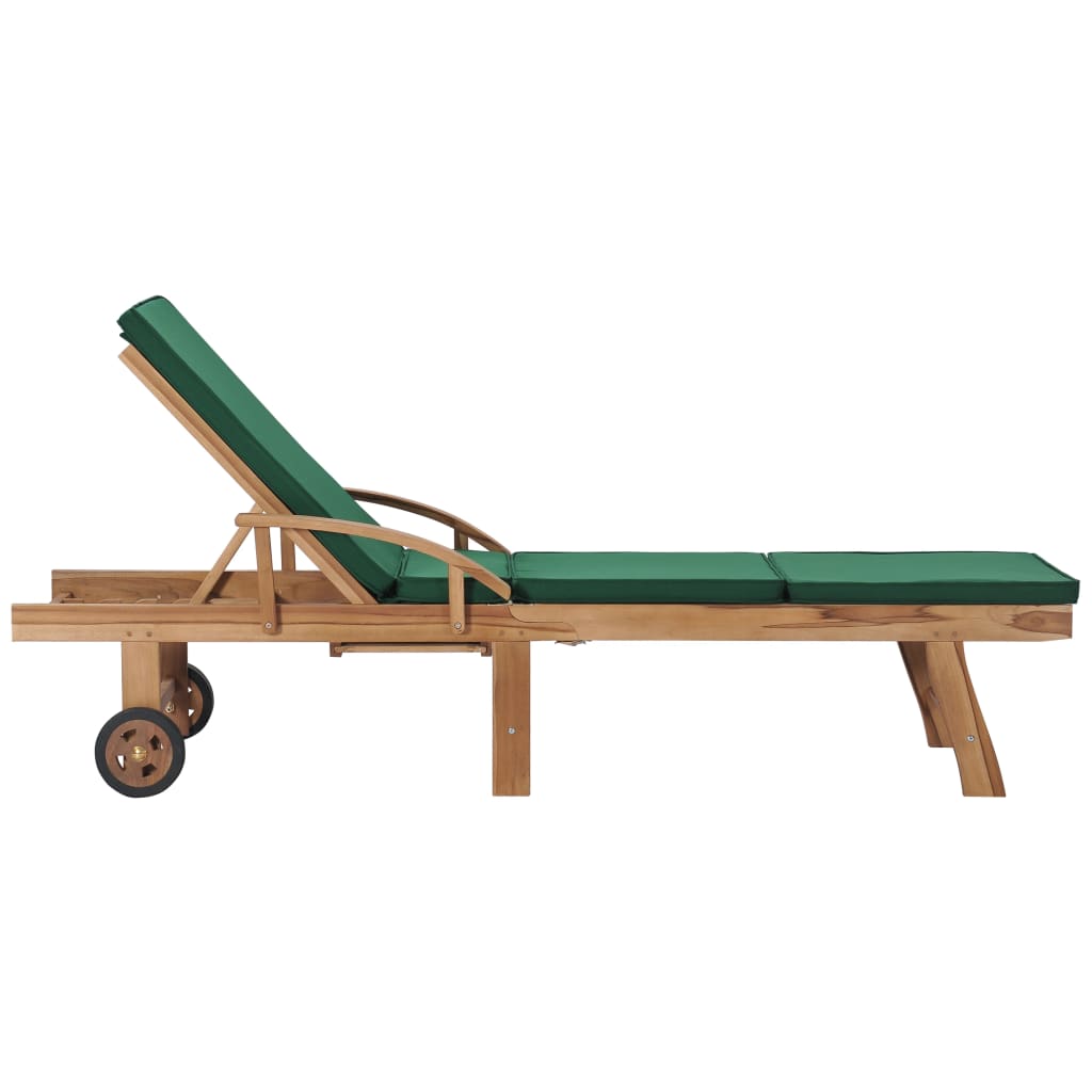 Chaise longue avec coussin Bois de teck solide Vert