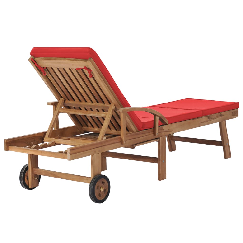 Chaise longue avec coussin Bois de teck solide Rouge