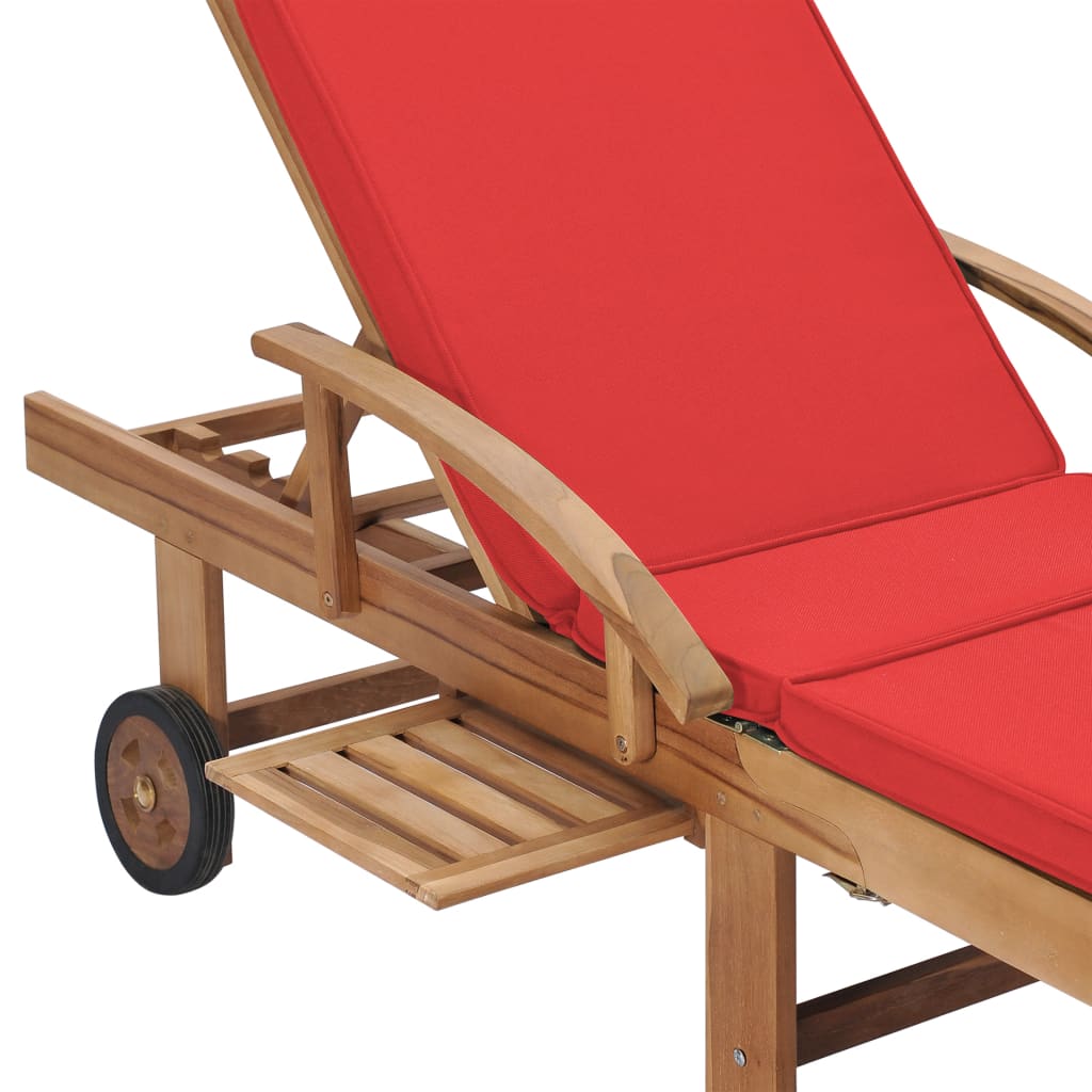 Chaise longue avec coussin Bois de teck solide Rouge