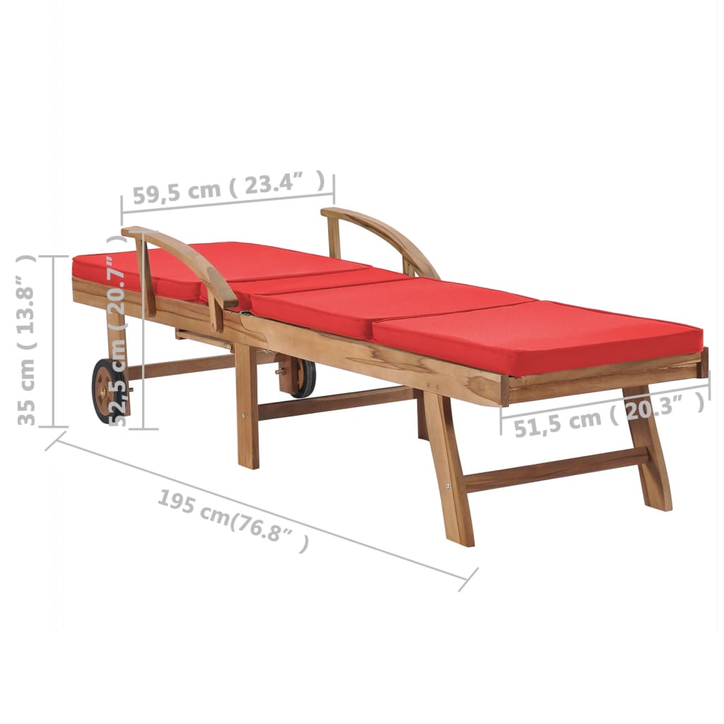 Chaise longue avec coussin Bois de teck solide Rouge