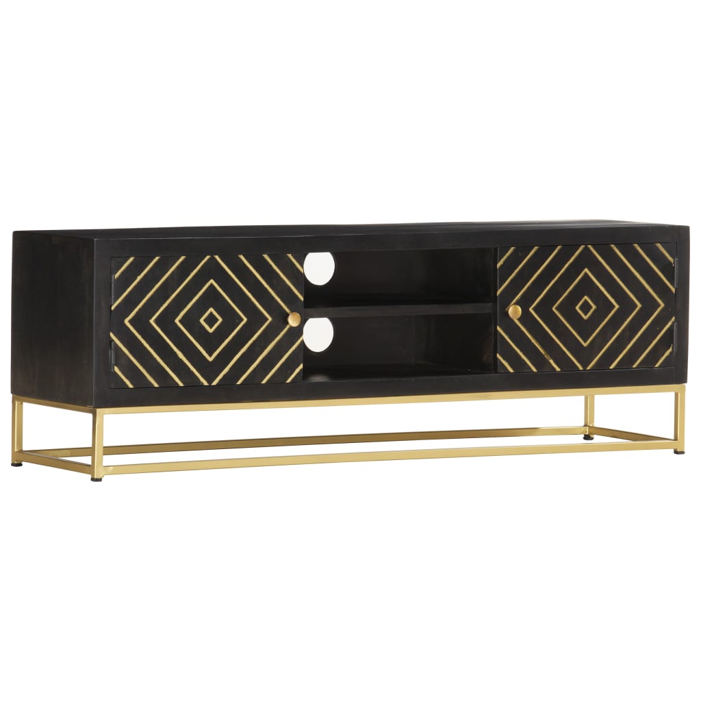 Meuble TV Noir et doré 120 x 30 x 40 cm Bois massif de manguier