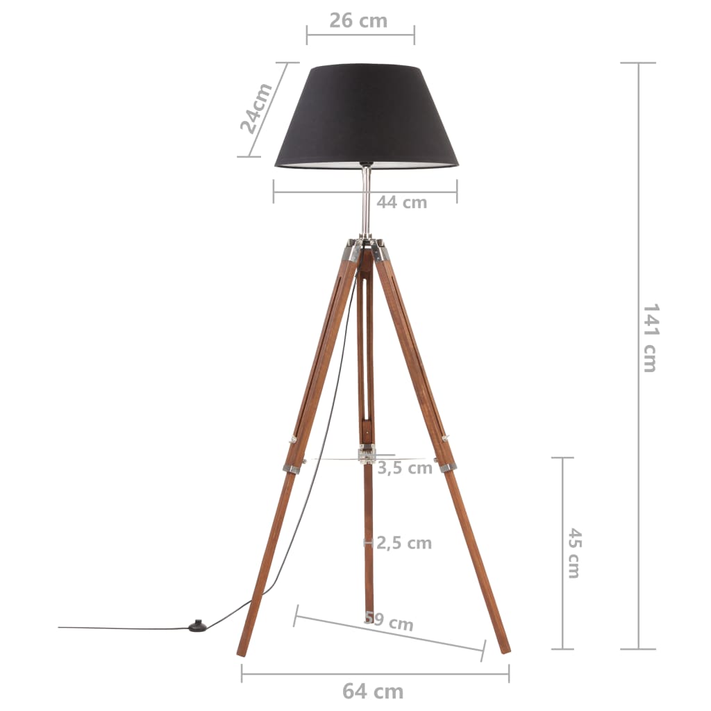 Lampadaire à trépied Marron miel et noir Bois de teck 141 cm