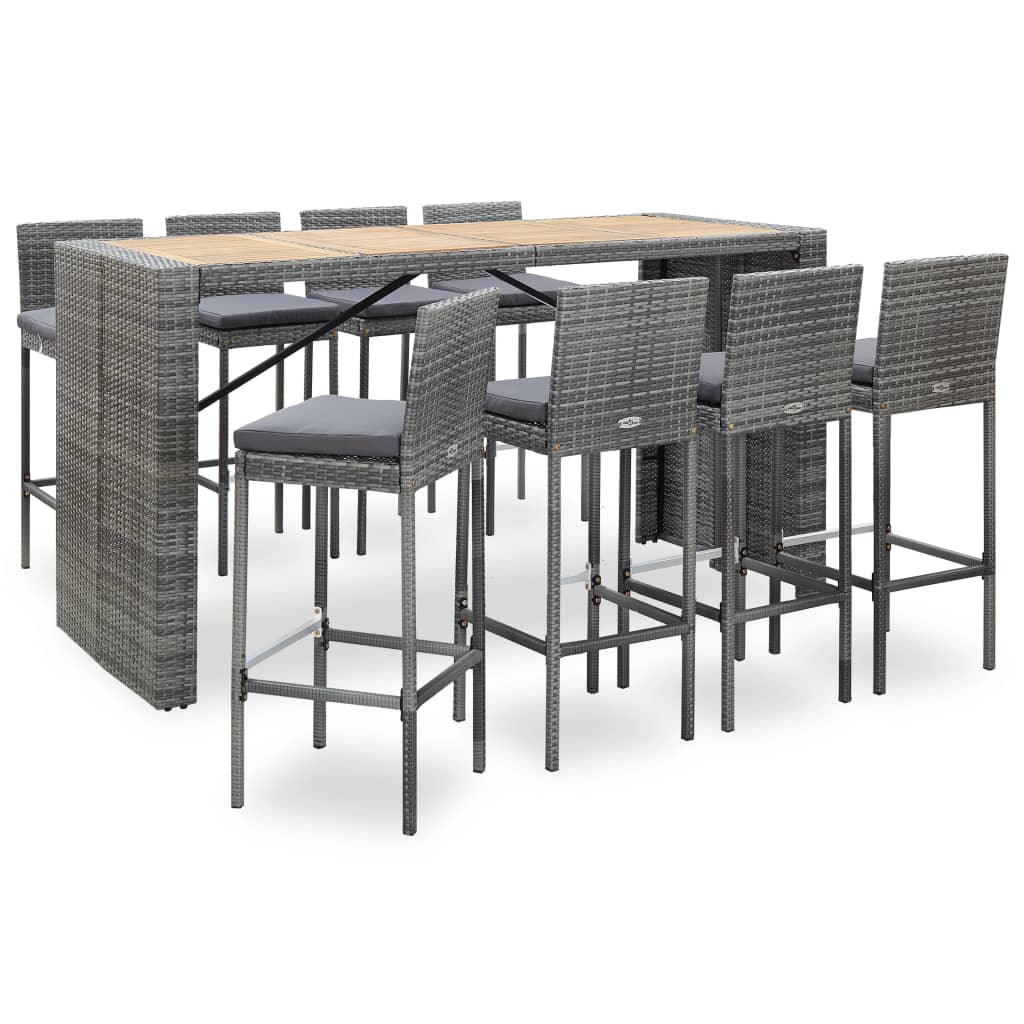 Ensemble de bar 9 pcs Résine tressée et bois d'acacia Gris
