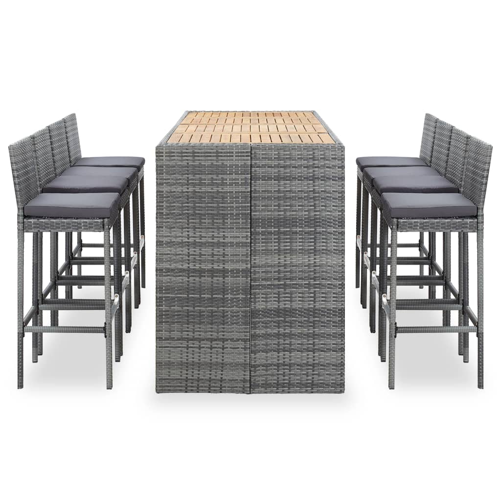 Ensemble de bar 9 pcs Résine tressée et bois d'acacia Gris
