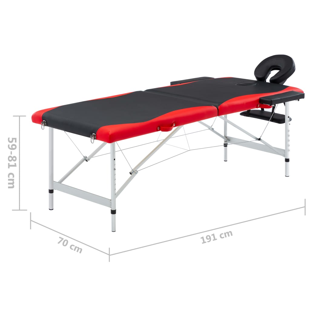 Table de massage pliable 2 zones Aluminium Noir et rouge