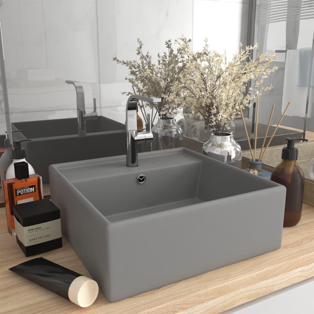 Lavabo carré à trop-plein Gris clair mat 41x41 cm Céramique