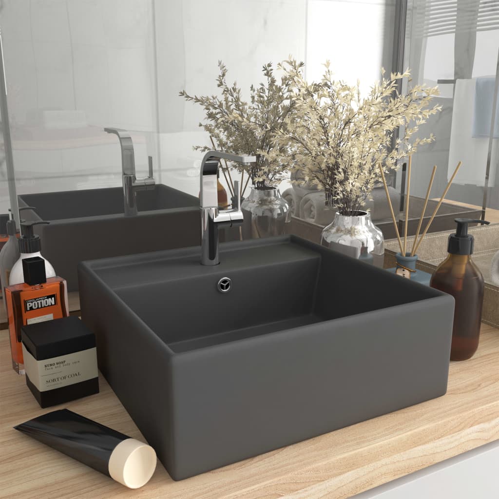 Lavabo carré à trop-plein Gris foncé mat 41x41 cm Céramique