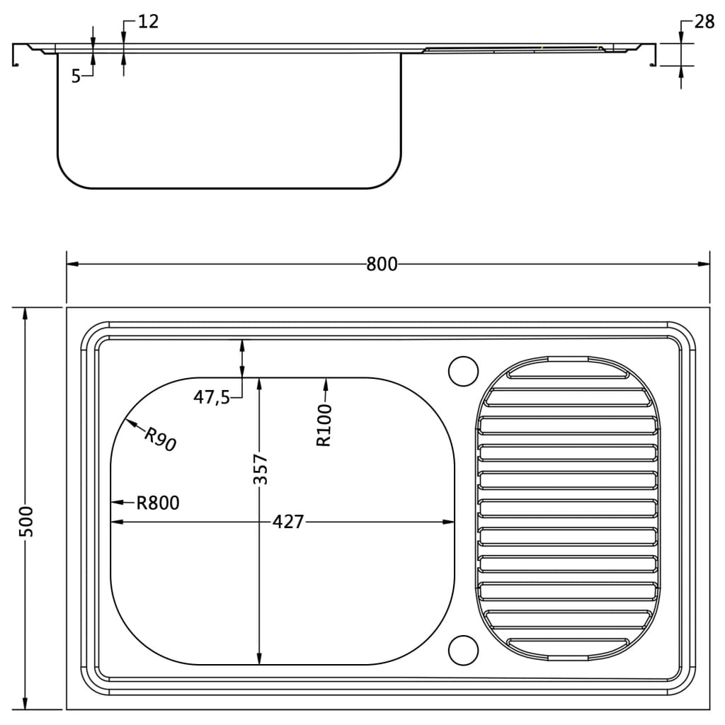 Jeu d'évier de cuisine et égouttoir Argenté 800x500x155 mm Inox