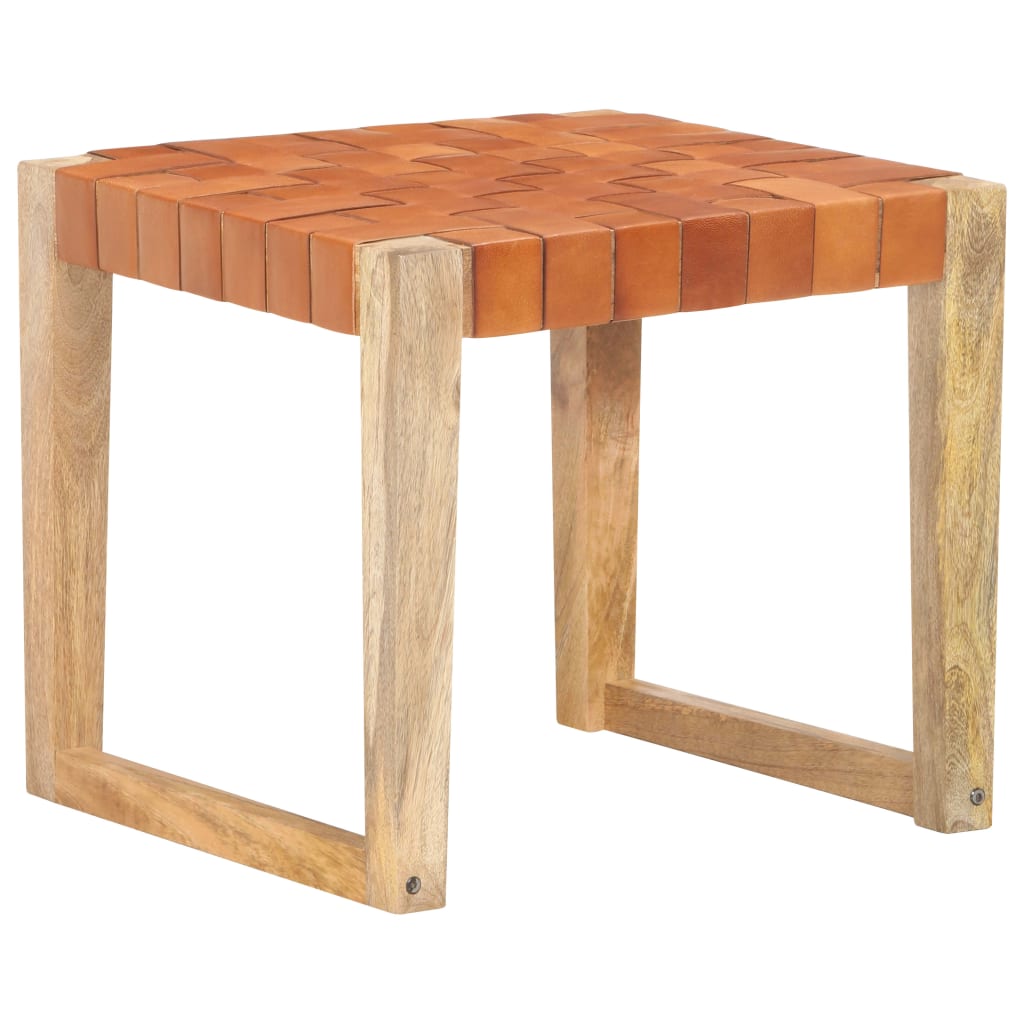 Tabouret Marron clair Cuir véritable et bois de manguier massif