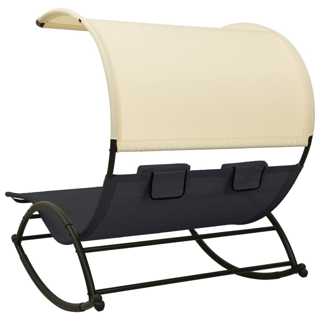 Chaise longue double avec auvent Textilène Noir et crème