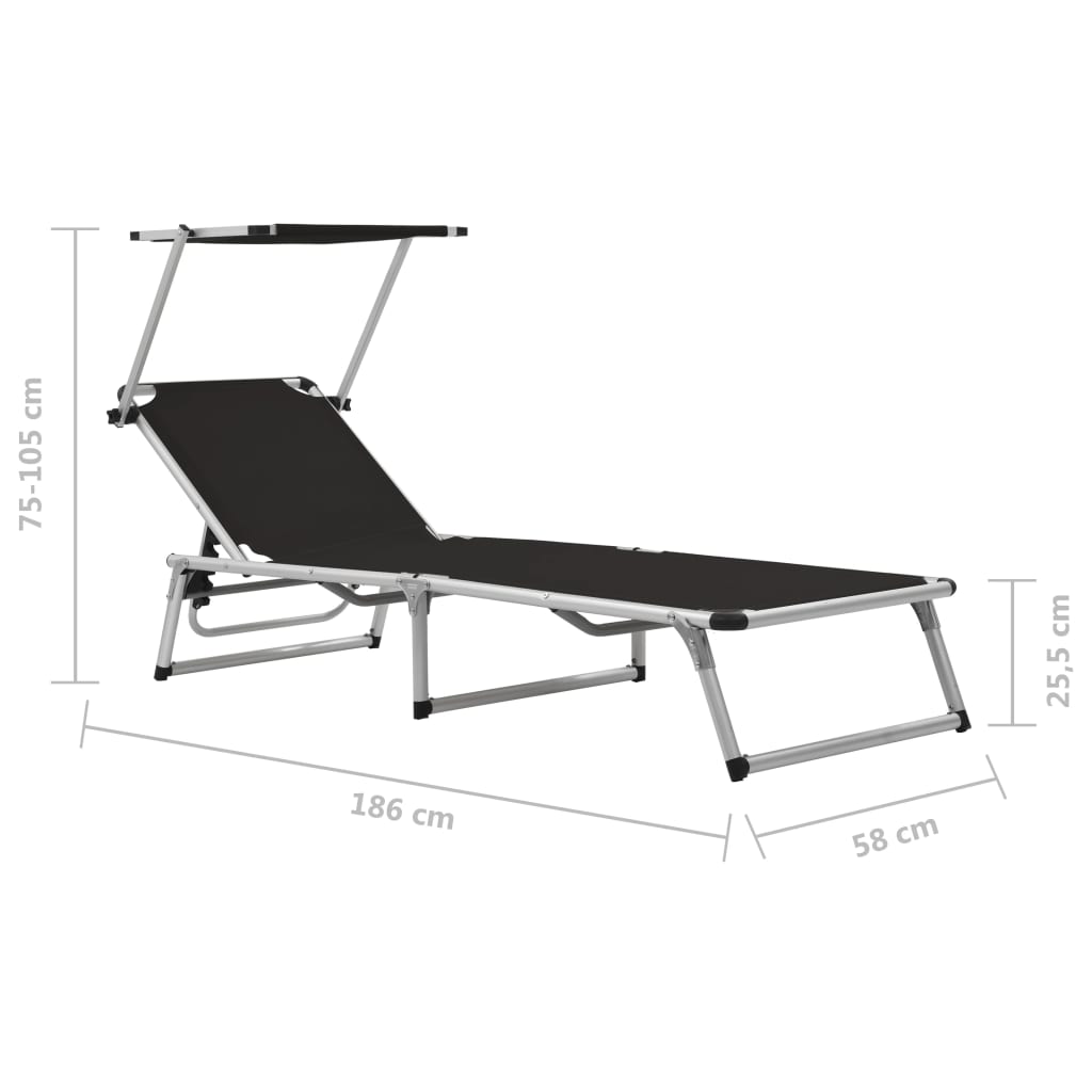 Chaises longues pliables et toit 2 pcs Aluminium textilène Noir