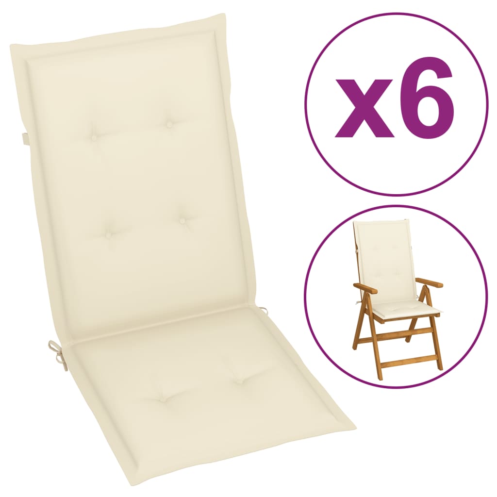 Coussins de chaise de jardin 6 pcs Crème 120x50x3 cm