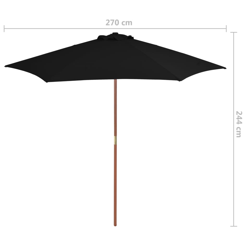 Parasol d'extérieur avec mât en bois Noir 270 cm