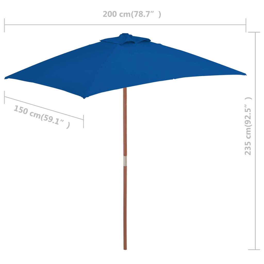 Parasol d'extérieur avec mât en bois Bleu 150x200 cm