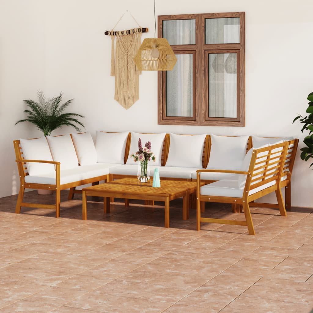 Salon de jardin 9 pcs avec coussin Crème Bois d'acacia solide