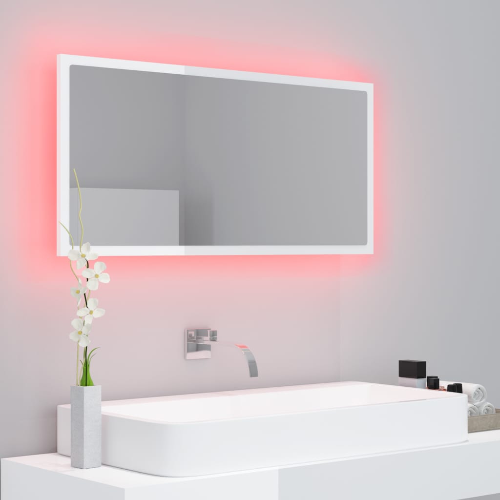 Miroir à LED de bain Blanc brillant 90x8,5x37 cm Aggloméré