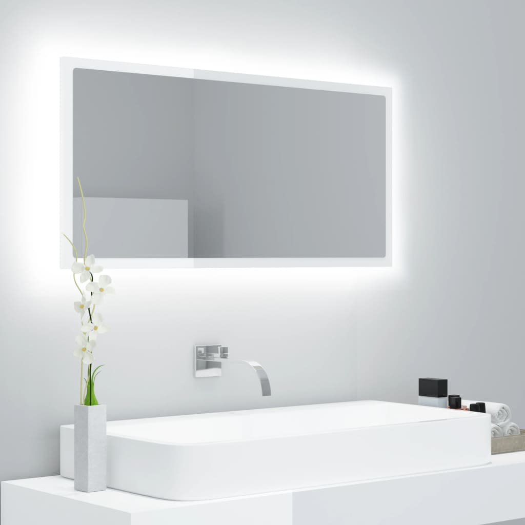 Miroir à LED de bain Blanc brillant 90x8,5x37 cm Aggloméré
