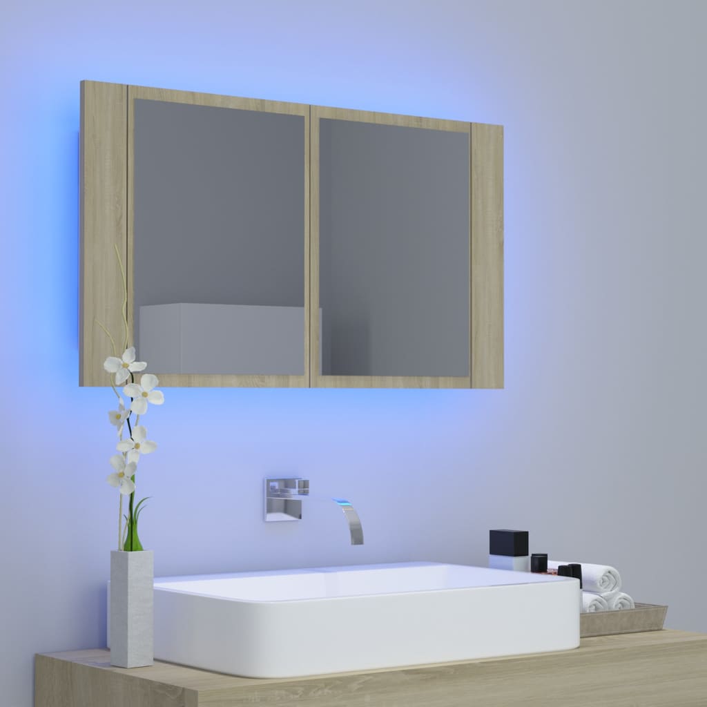 Armoire de salle de bain à miroir à LED Chêne sonoma 80x12x45cm