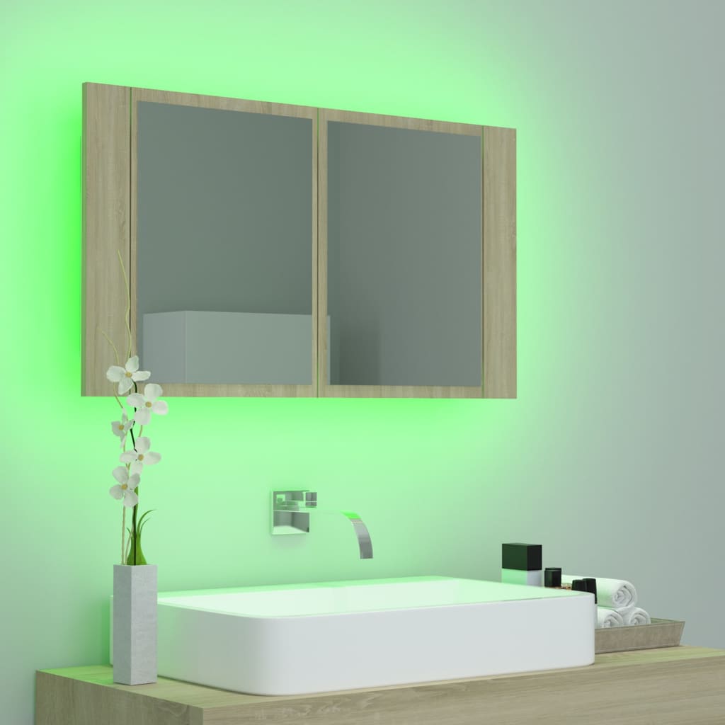 Armoire de salle de bain à miroir à LED Chêne sonoma 80x12x45cm