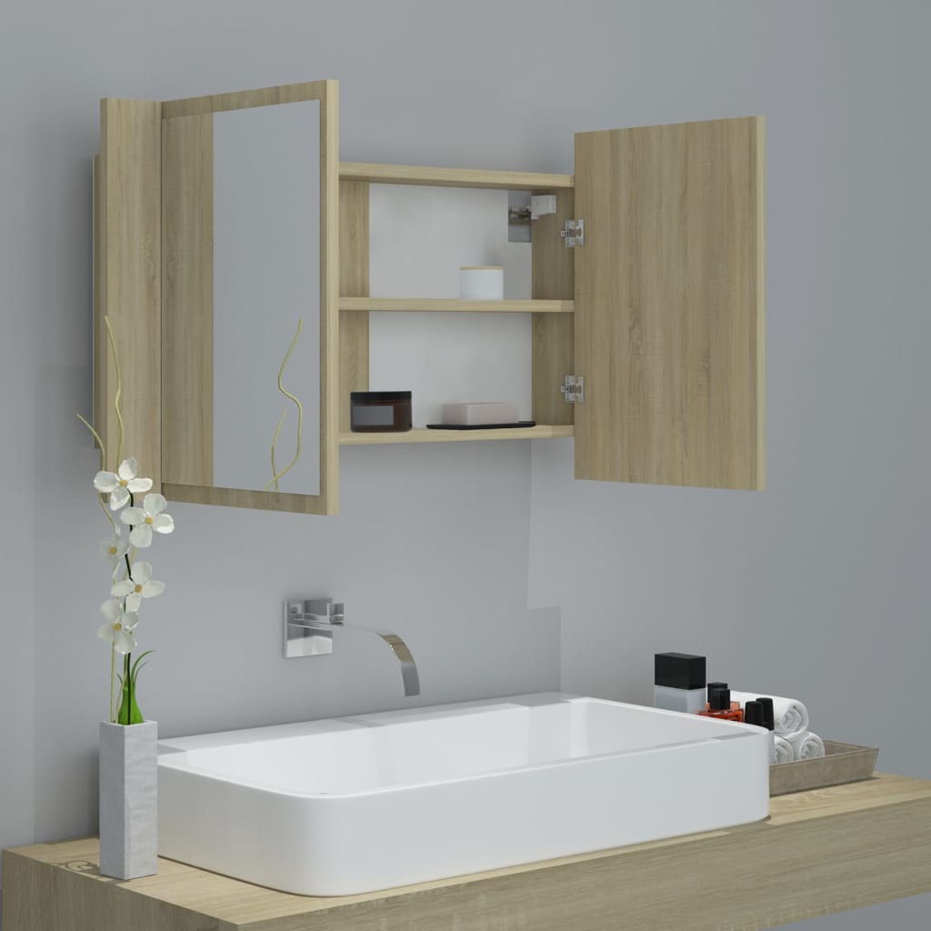 Armoire de salle de bain à miroir à LED Chêne sonoma 80x12x45cm