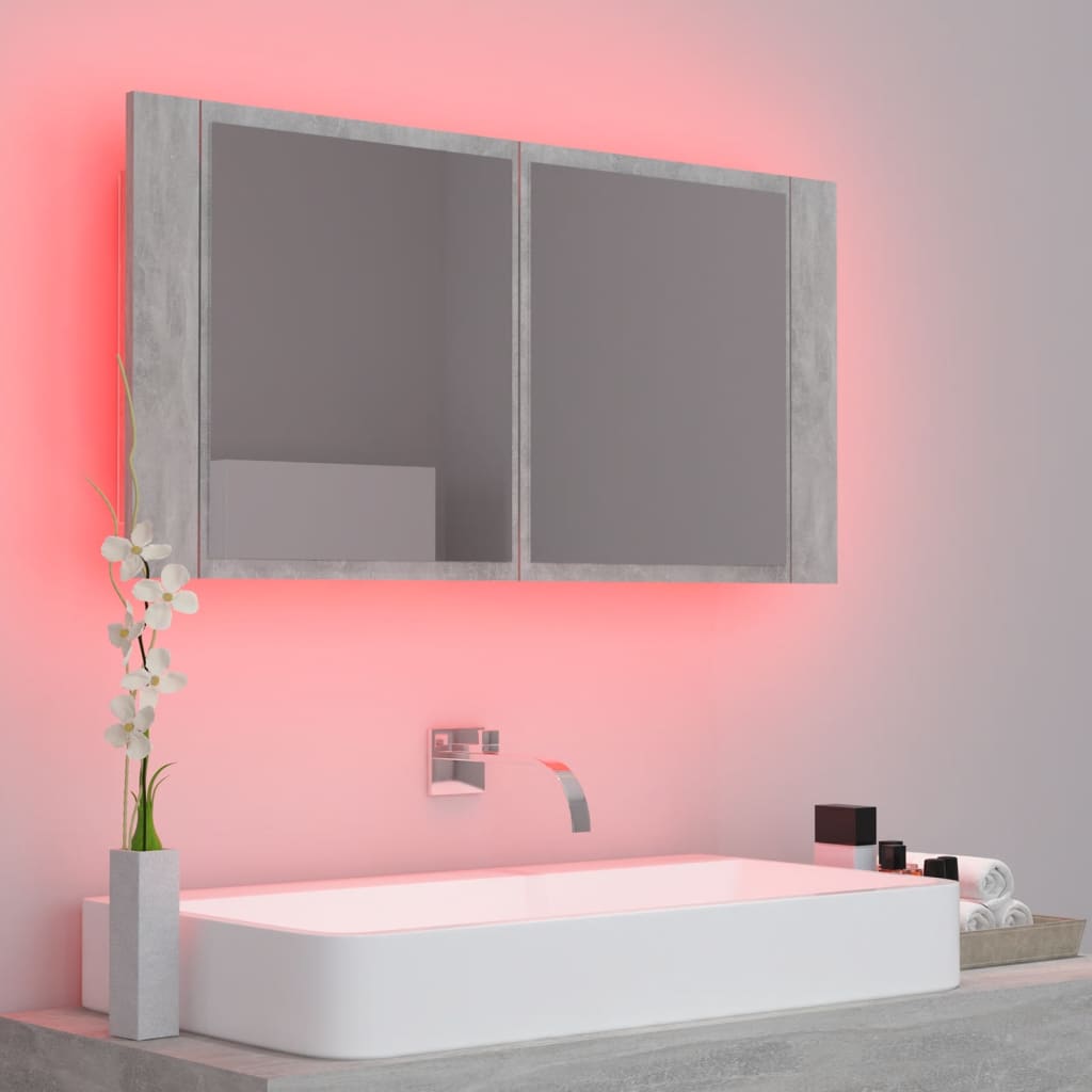 Armoire de salle de bain à miroir à LED Gris béton 90x12x45 cm