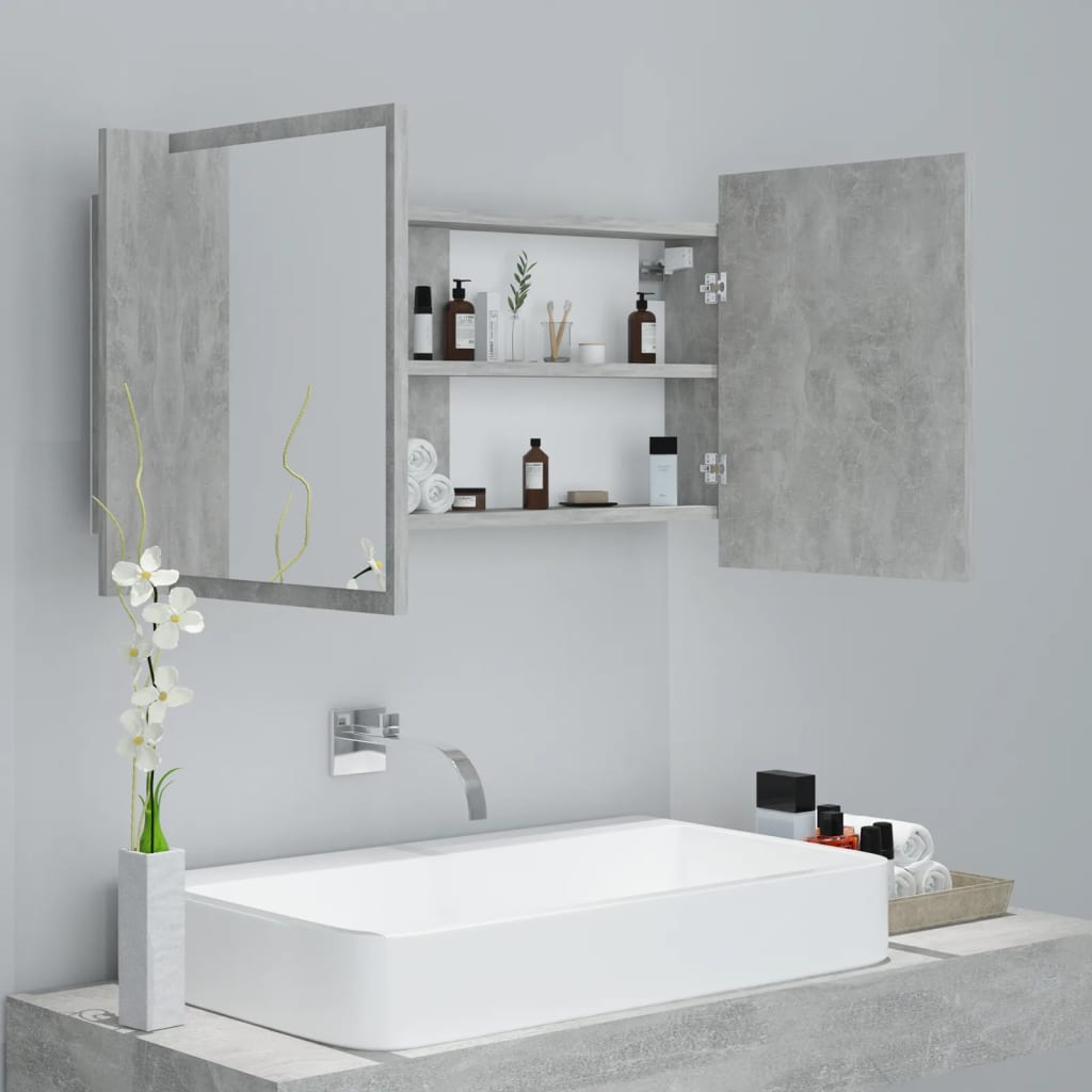 Armoire de salle de bain à miroir à LED Gris béton 90x12x45 cm