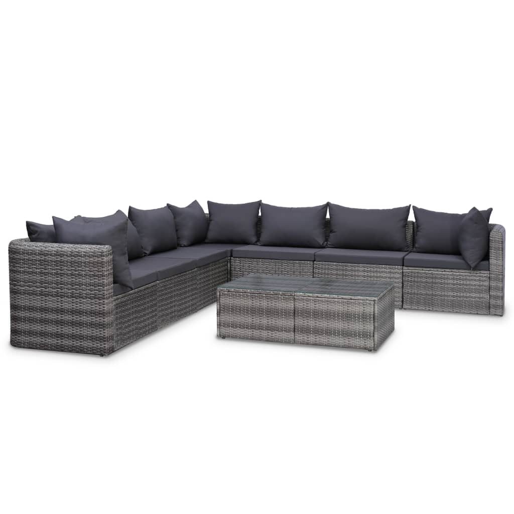 Salon de jardin 9 pcs avec coussins Résine tressée Gris