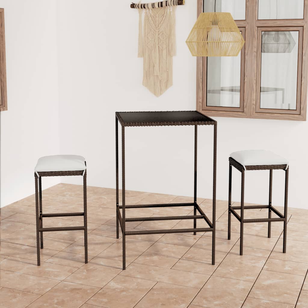 Meuble de bar de jardin 3 pcs et coussins Résine tressée Marron