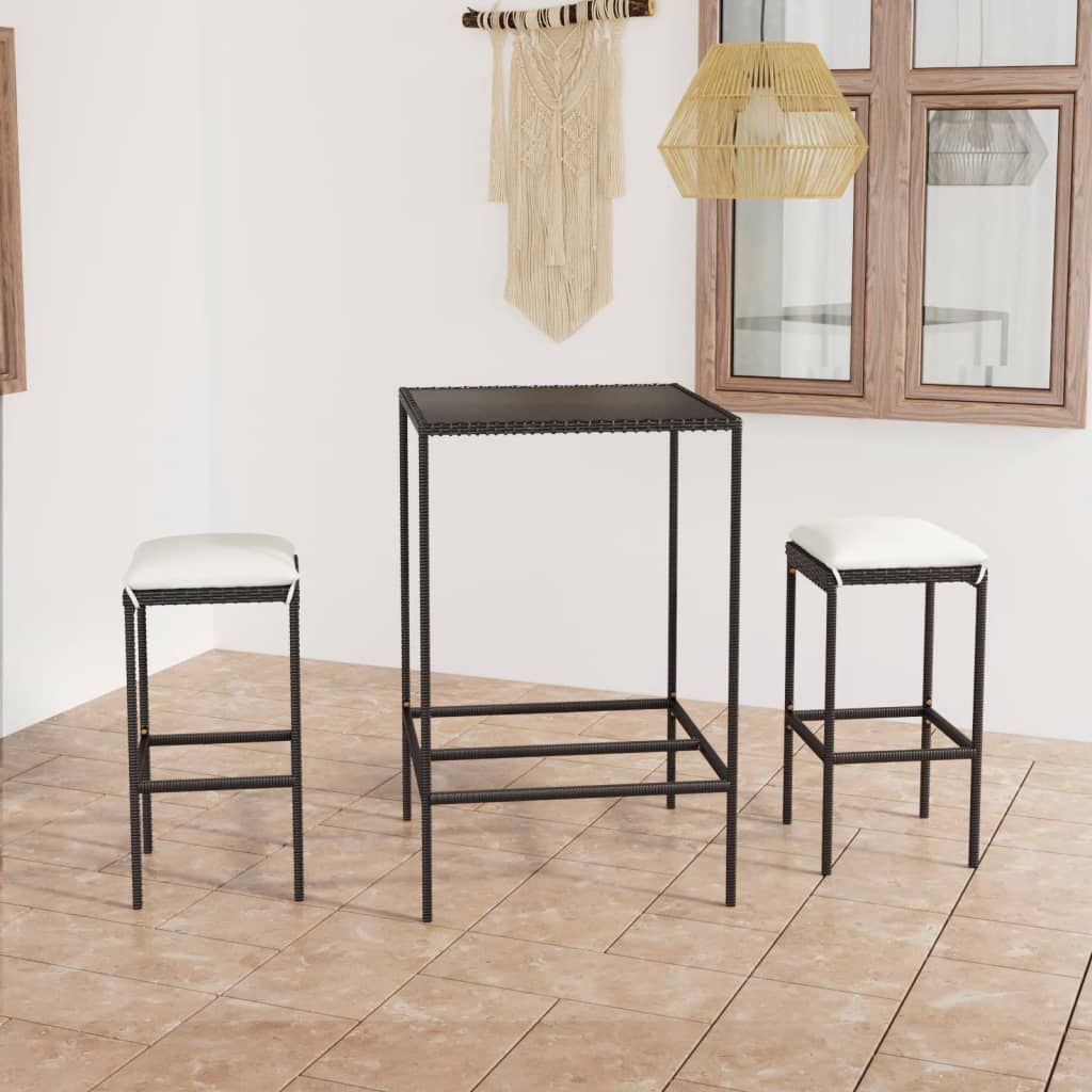 Ensemble de bar de jardin 3 pcs et coussins Résine tressée Noir