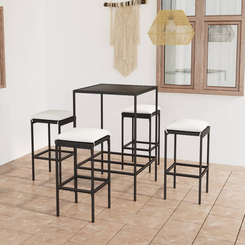 Ensemble de bar de jardin 5 pcs et coussins Résine tressée Noir