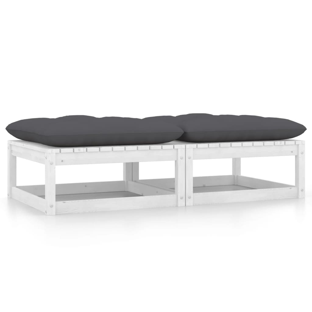 Repose-pieds de jardin avec coussins 2 pcs Blanc Bois de pin