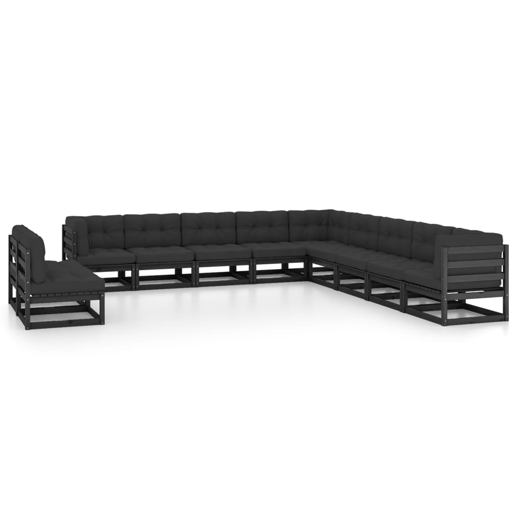 Salon de jardin 11 pcs avec coussins Noir Bois de pin massif