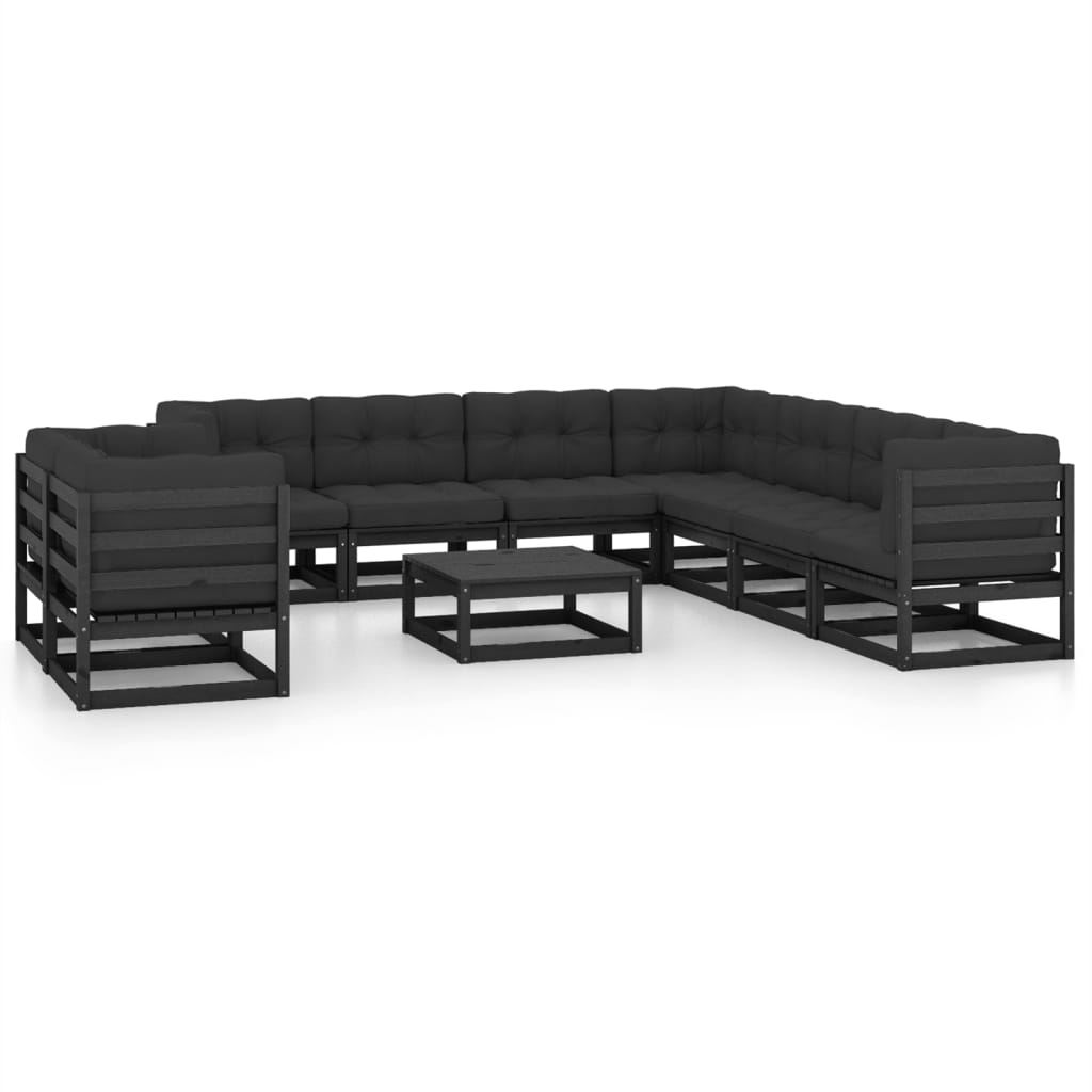 Salon de jardin 10 pcs avec coussins Noir Bois de pin massif