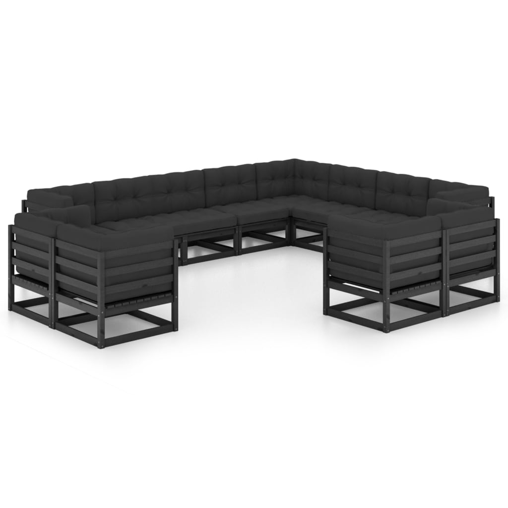 Salon de jardin 12 pcs avec coussins Noir Bois de pin massif
