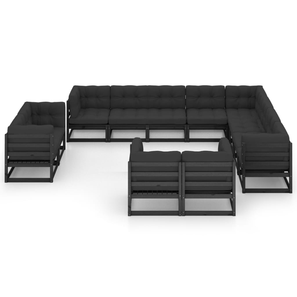 Salon de jardin 12 pcs avec coussins Noir Bois de pin massif