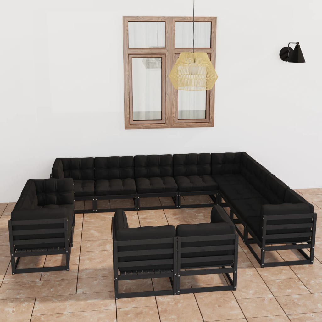 Salon de jardin 12 pcs avec coussins Noir Bois de pin massif