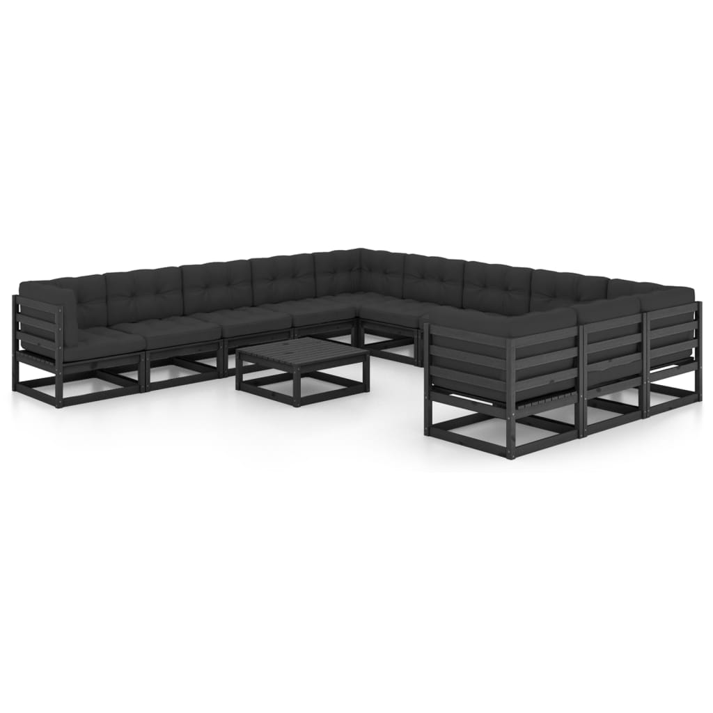 Salon de jardin 12 pcs avec coussins Noir Bois de pin massif